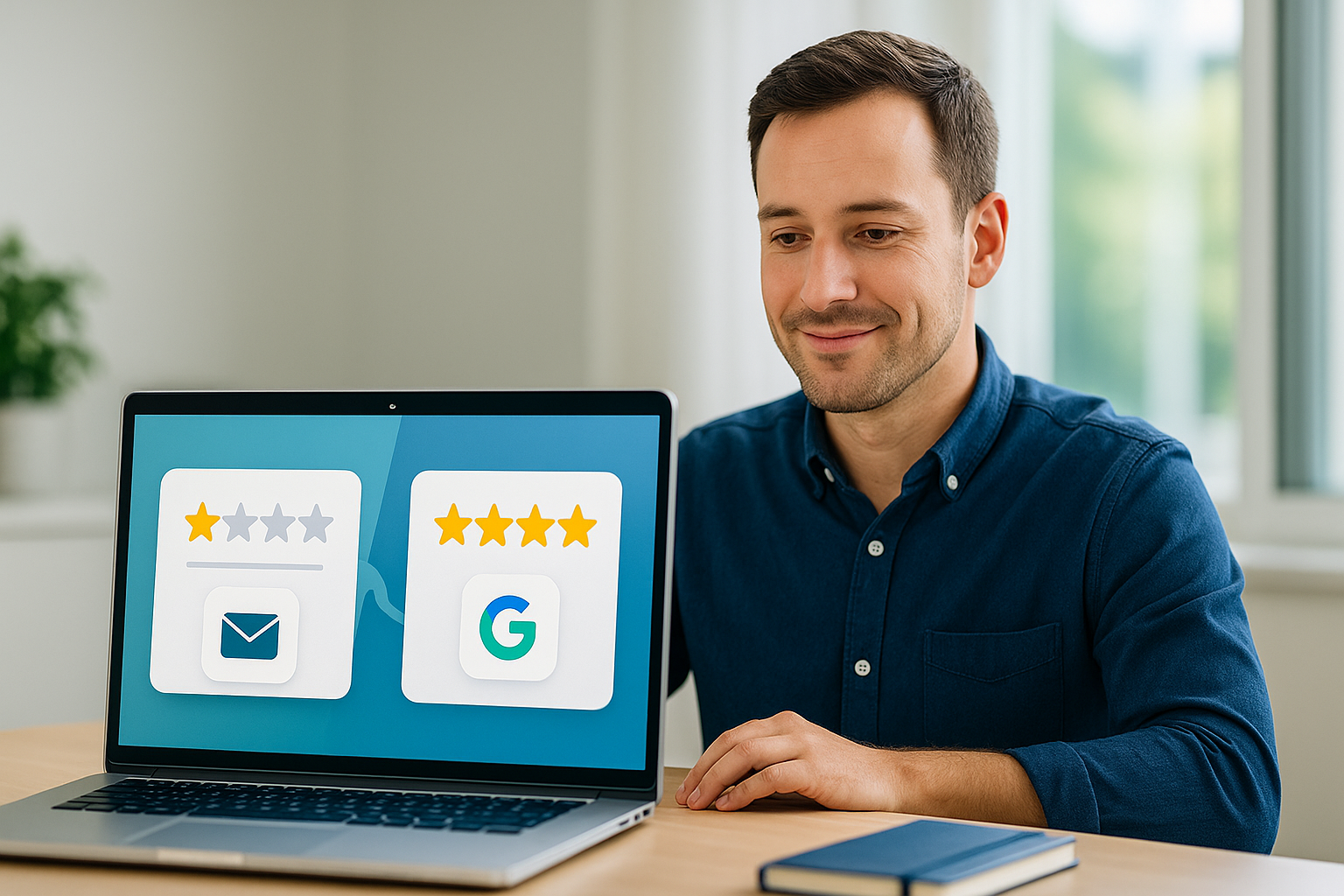 Propriétaire d'entreprise utilisant le système de filtre d'avis Google pour gérer les retours clients et diriger les avis positifs vers Google