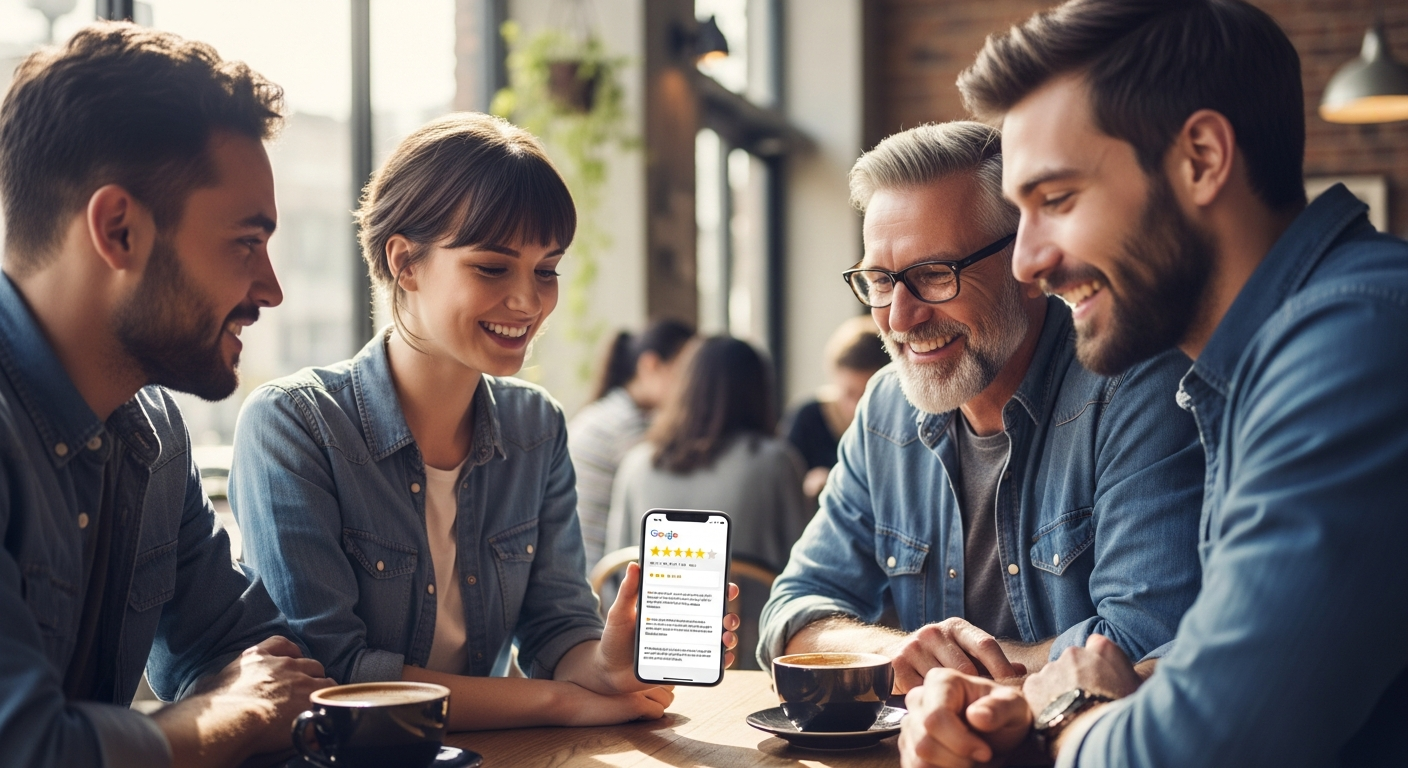 Clients divers lisant les avis positifs Google et les notes sur les smartphones montrant la confiance et la confiance dans les avis commerciaux