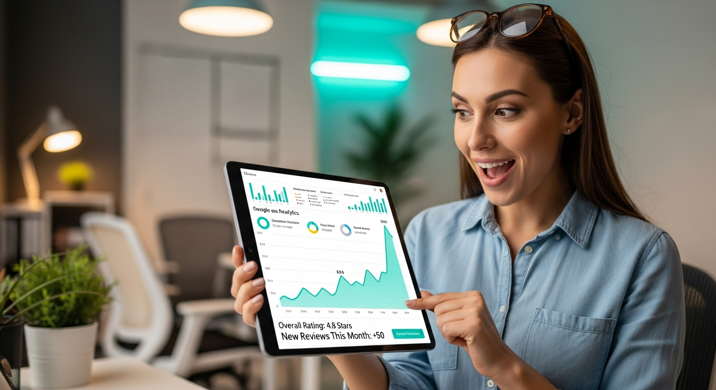 Propietario de un negocio consultando en una tablet un gráfico de crecimiento ascendente que muestra el aumento de reseñas positivas y métricas de éxito empresarial