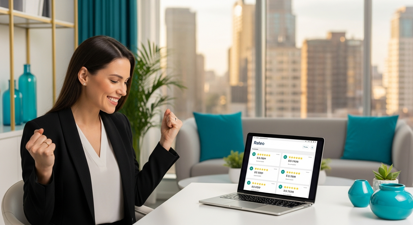 Business owner celebrating success with improved Google reviews using Rateo platform