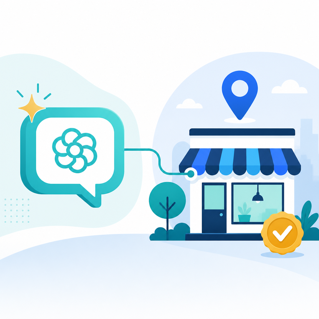 Illustration of an AI search assistant connecting a local business and public customer reviews