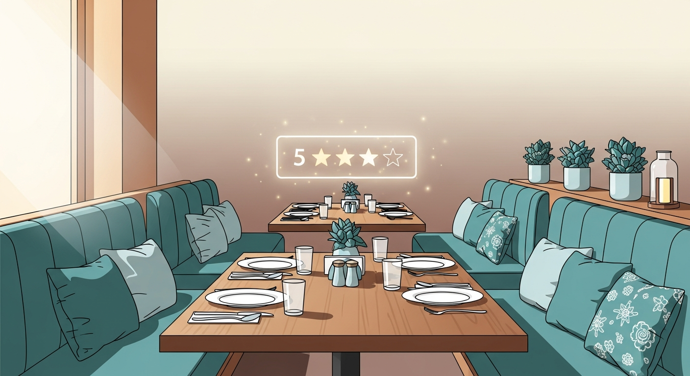 Cozy restaurant interior with a glowing five-star review card