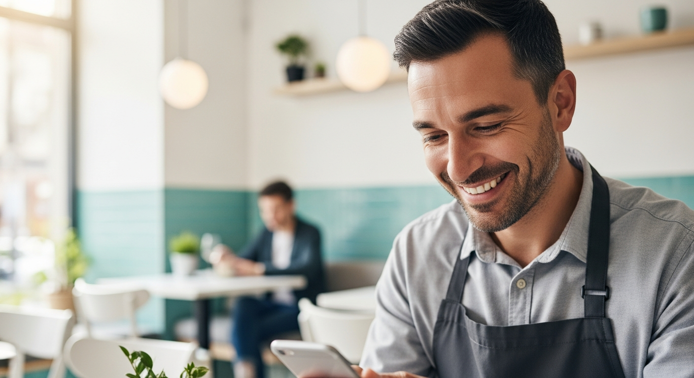 Restaurant owner calmly reading private customer feedback on a phone before it becomes a public Google review