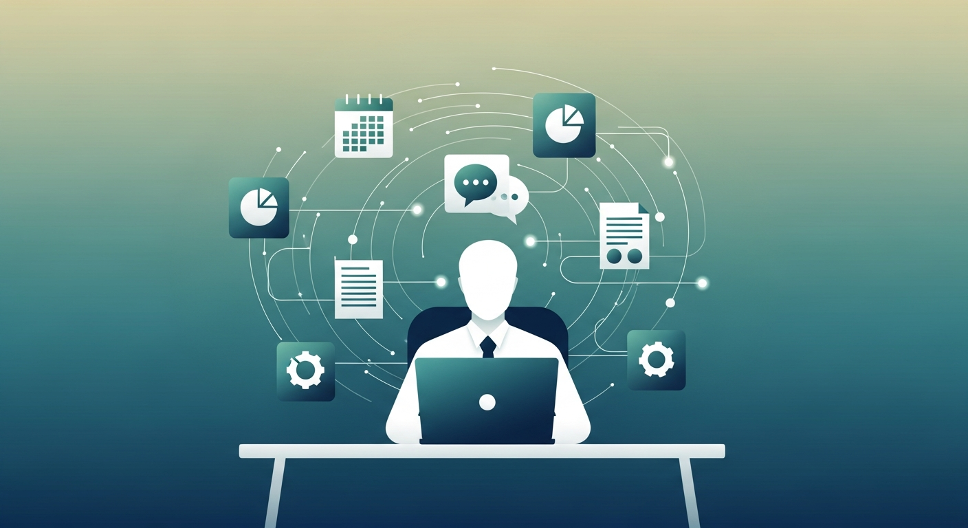 Business owner at a desk surrounded by app icons connected by automated data flows
