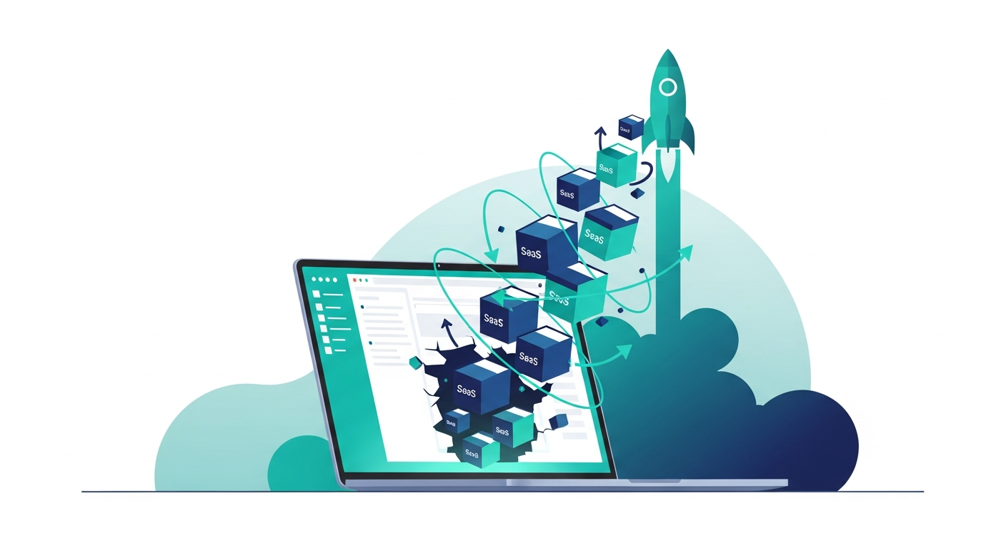 Aplicación web a medida transformándose en productos SaaS con flechas de ingresos recurrentes