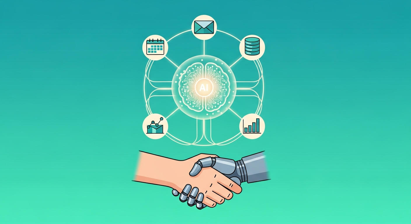 AI hub connected to business tool icons with a human and robotic hand shaking below