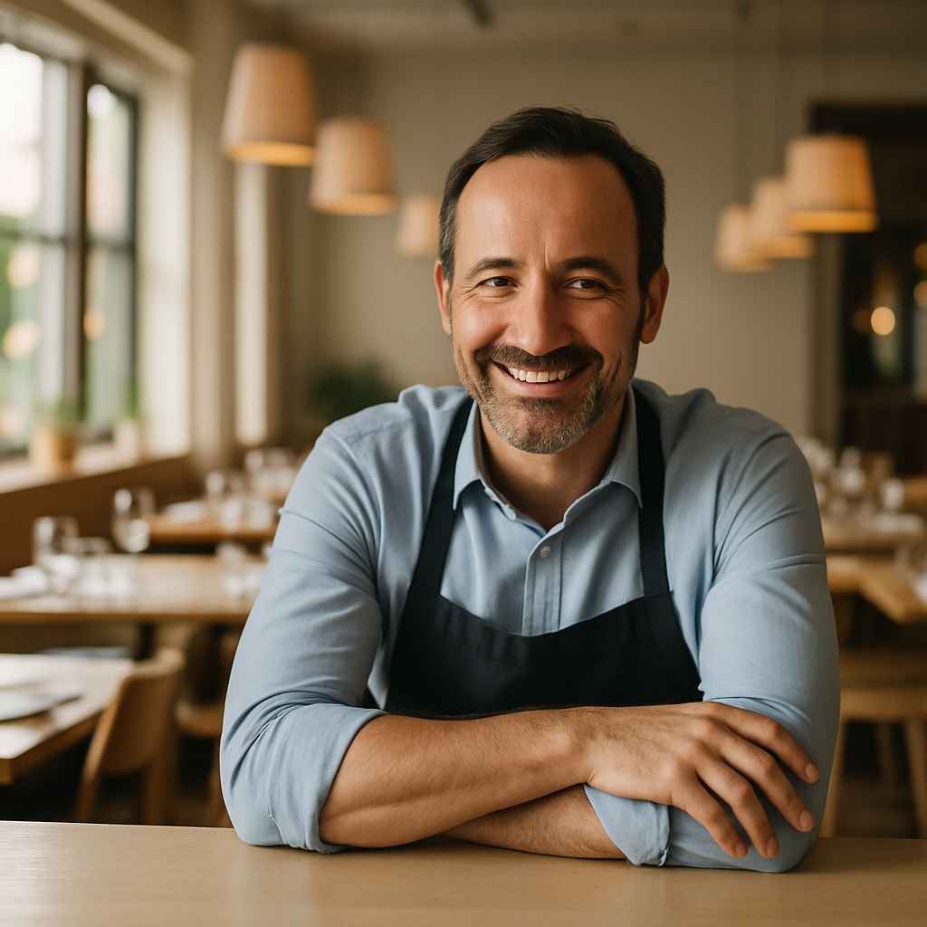 Propriétaire de restaurant lisant des avis Google sur une tablette dans une salle à manger animée