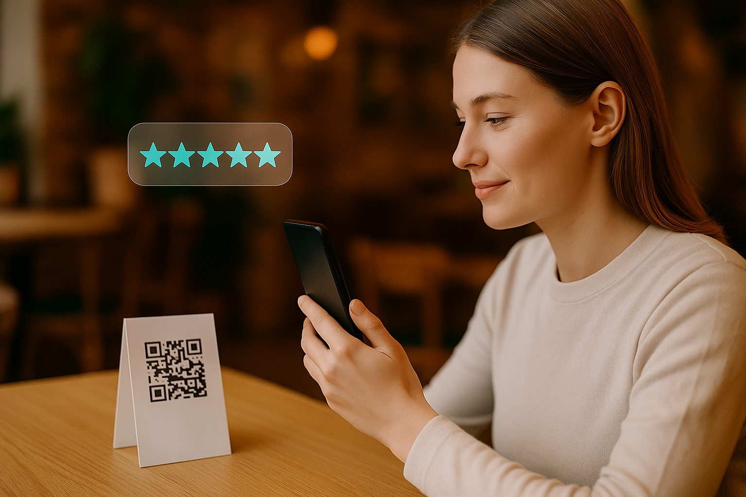 Client scannant le code QR pour laisser un avis 5 étoiles Google en utilisant un smartphone dans un restaurant
