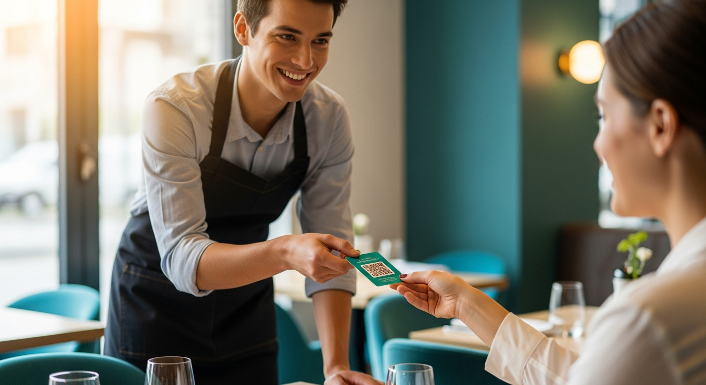 Agent de restaurant sympathique offrant une carte de code QR à un client satisfait pour faciliter la soumission d'avis sans pression